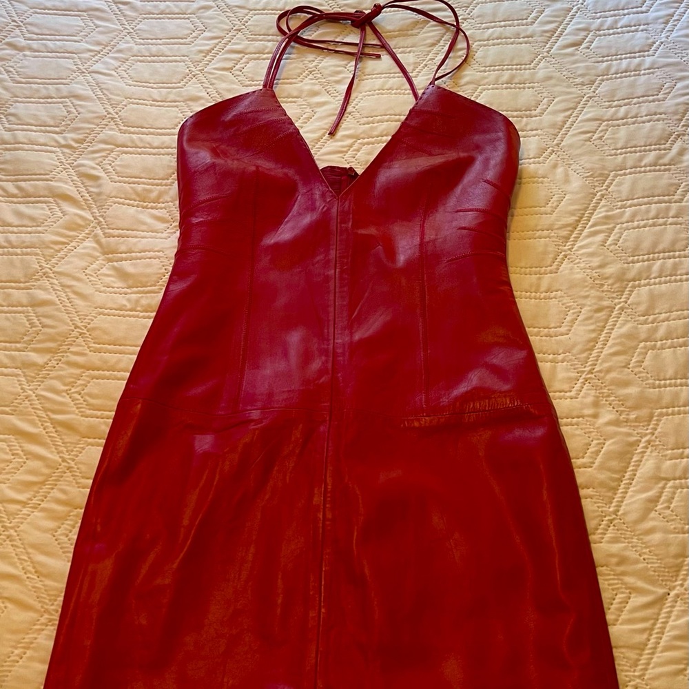 Red leather Hugo Boss dress.